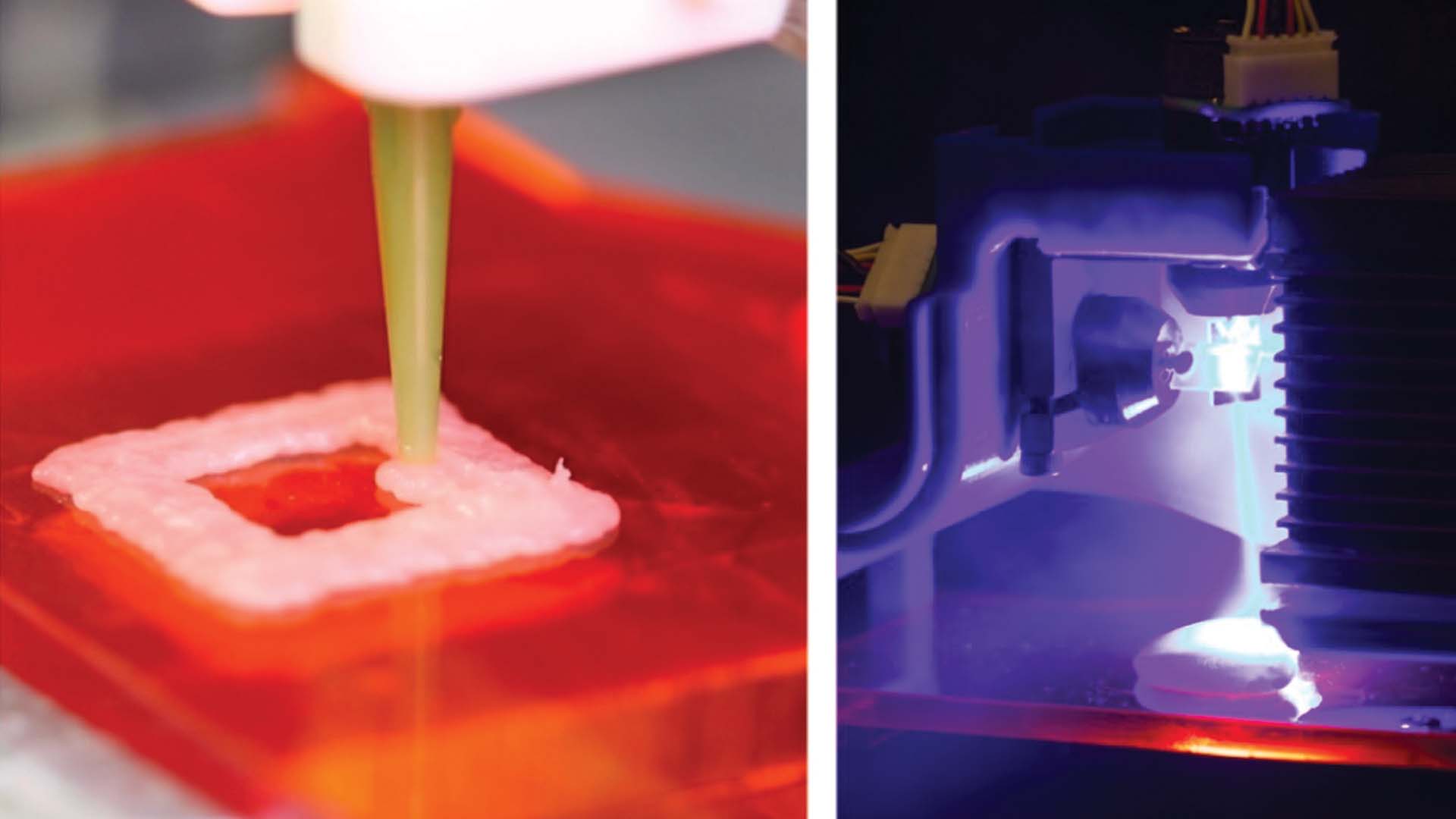 (Left) Close-up of pureed raw chicken being deposited from the food printer. (Right) Blue laser beam hitting raw chicken sample