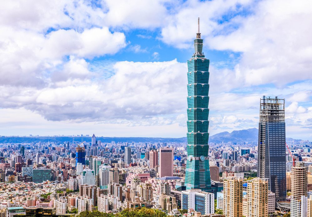 Aerial panorama over Downtown Taipei with Taipei 101 Sustainable Skyscraper