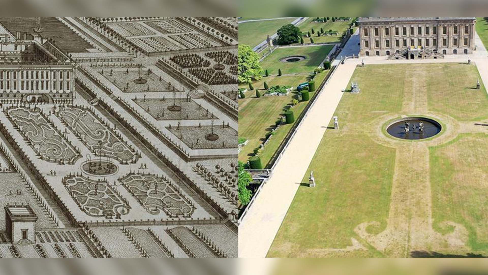 Illustration depicting the 17th-century garden (Left), and the Great Parterre revealed (Right); Photo Credit: Chatsworth House