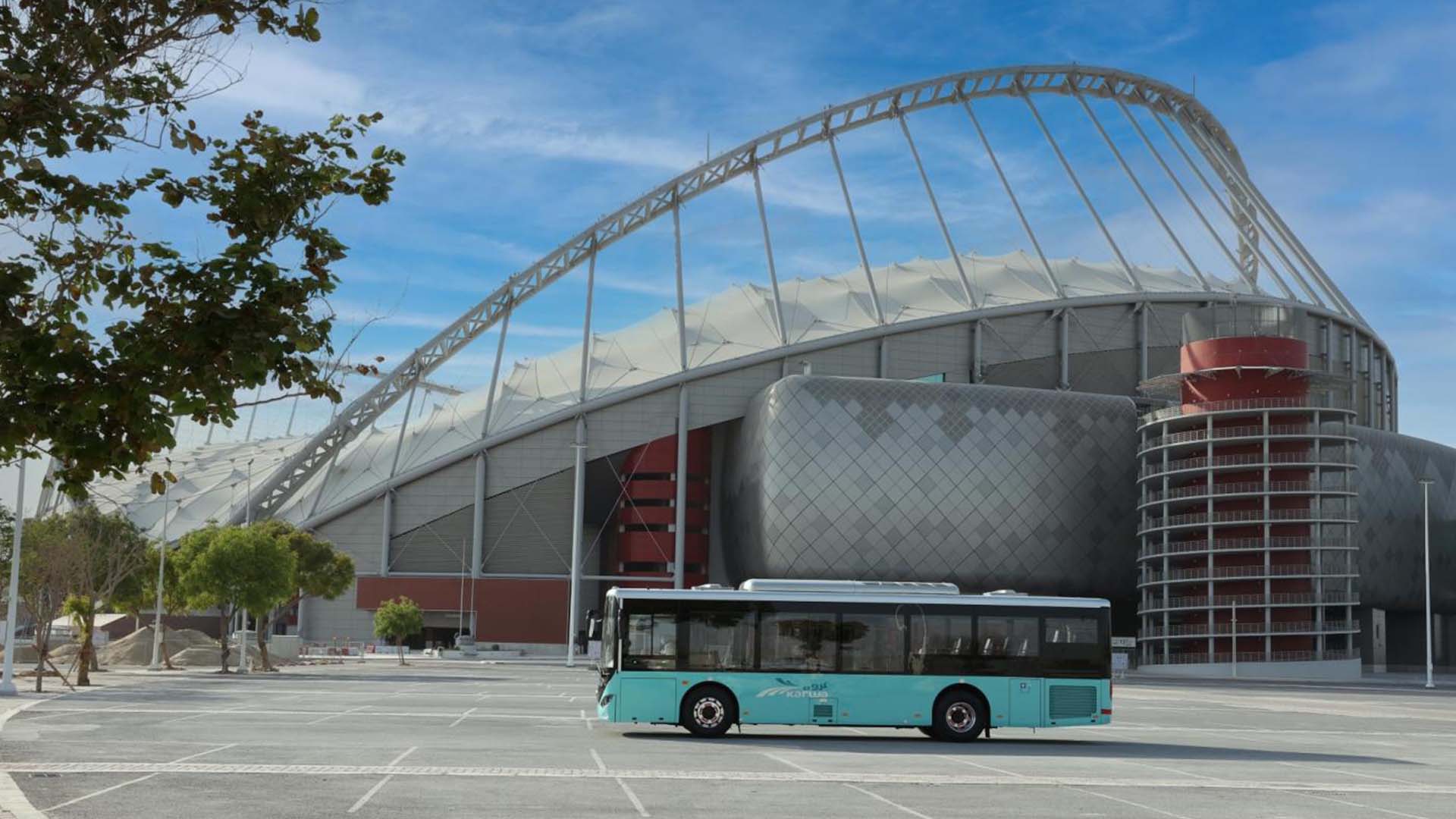 Electric bus outside of a stadium at the 2022 FIFA World Cup in Qatar