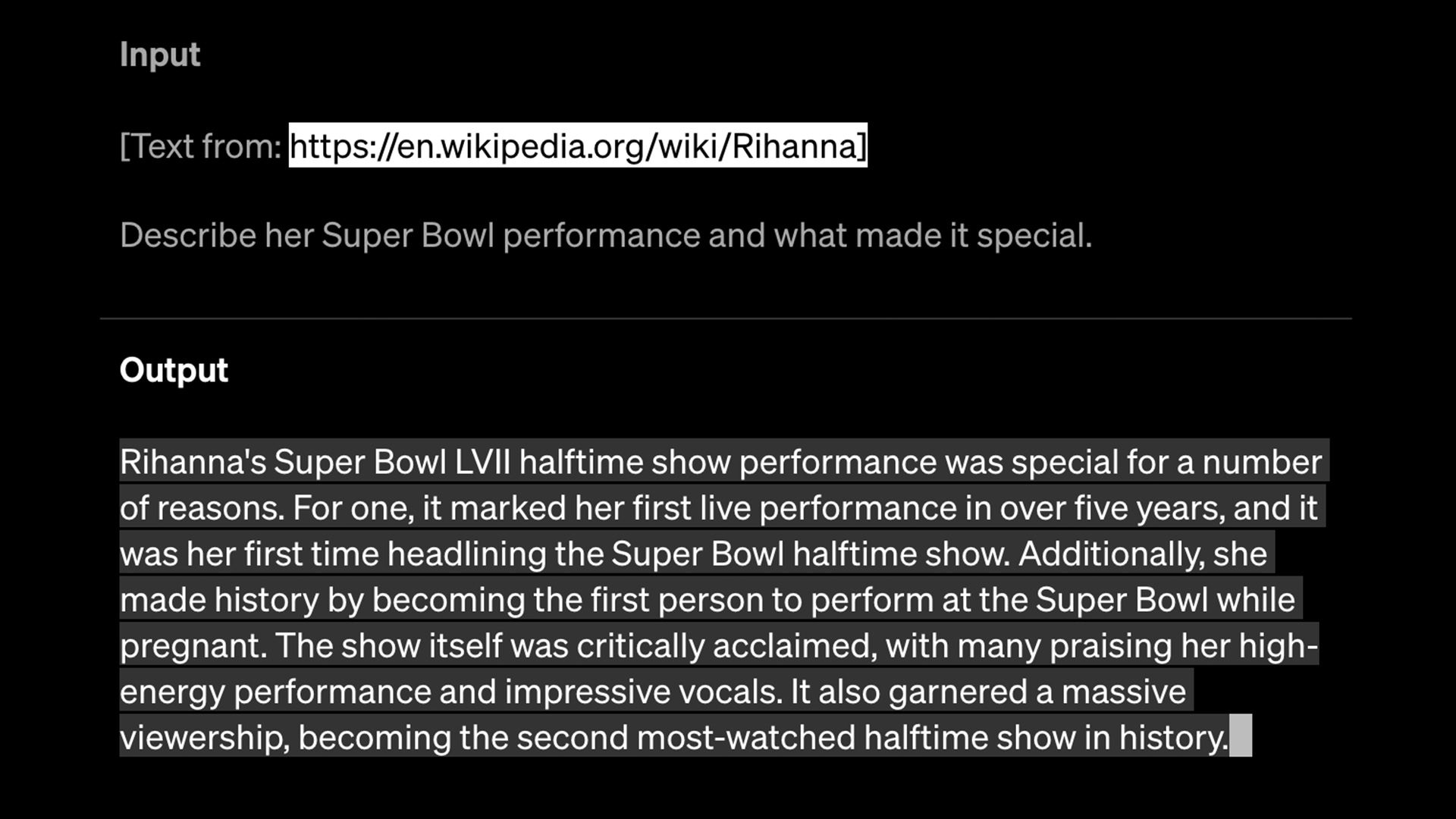 GPT-4 answers a longer form analysis prompt about Rihanna