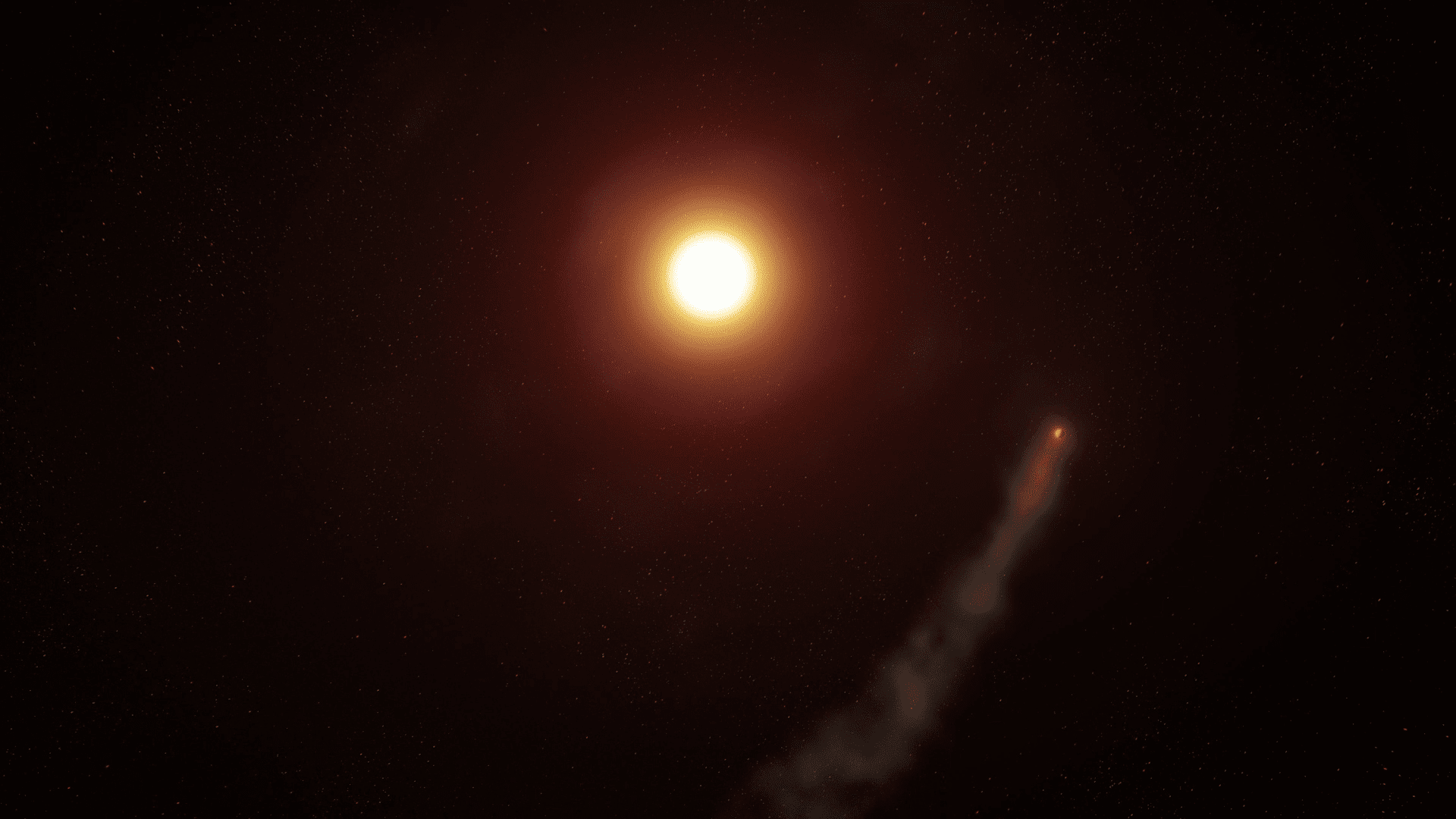 An artist's impression of WASP-69b orbiting its host star. The shedding atmosphere forms a comet-like tail behind the planet.W. M. Keck Observatory:Adam Makarenko